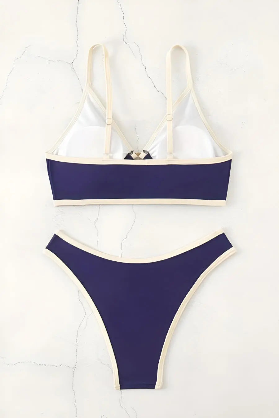 Women’s Color‑Block Ring‑Linked Backless Sling Bikini Set with Removable Padding