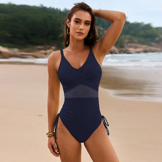 Drawstring Ruched V-Neck One-Piece Swimwear - BikiniEmporium.com