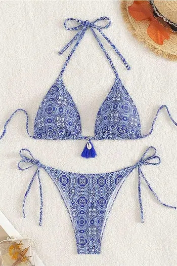 Retro Graphic Print Pendant Halter-Neck Triangle Bikini Set – Vintage Vibes & Beachside Glam BikiniEmporium.com