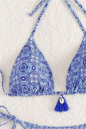 Retro Graphic Print Pendant Halter-Neck Triangle Bikini Set – Vintage Vibes & Beachside Glam BikiniEmporium.com