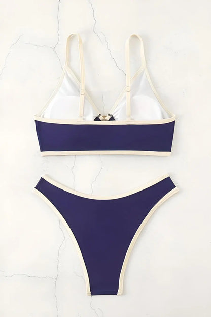 Women’s Color‑Block Ring‑Linked Backless Sling Bikini Set with Removable Padding