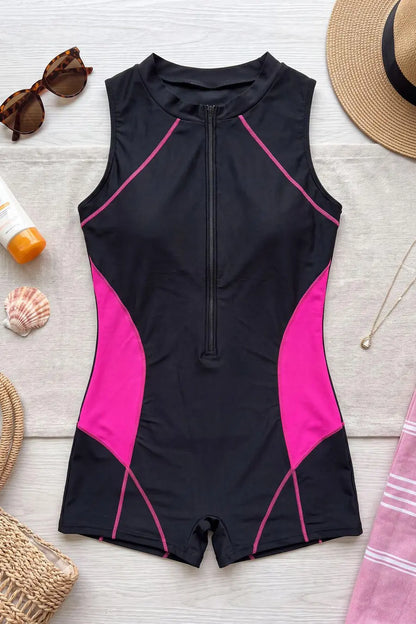 Women's Plus Size Color-Block Zip-Up Surfing Swimsuit | Padded One-Piece Rash Guard