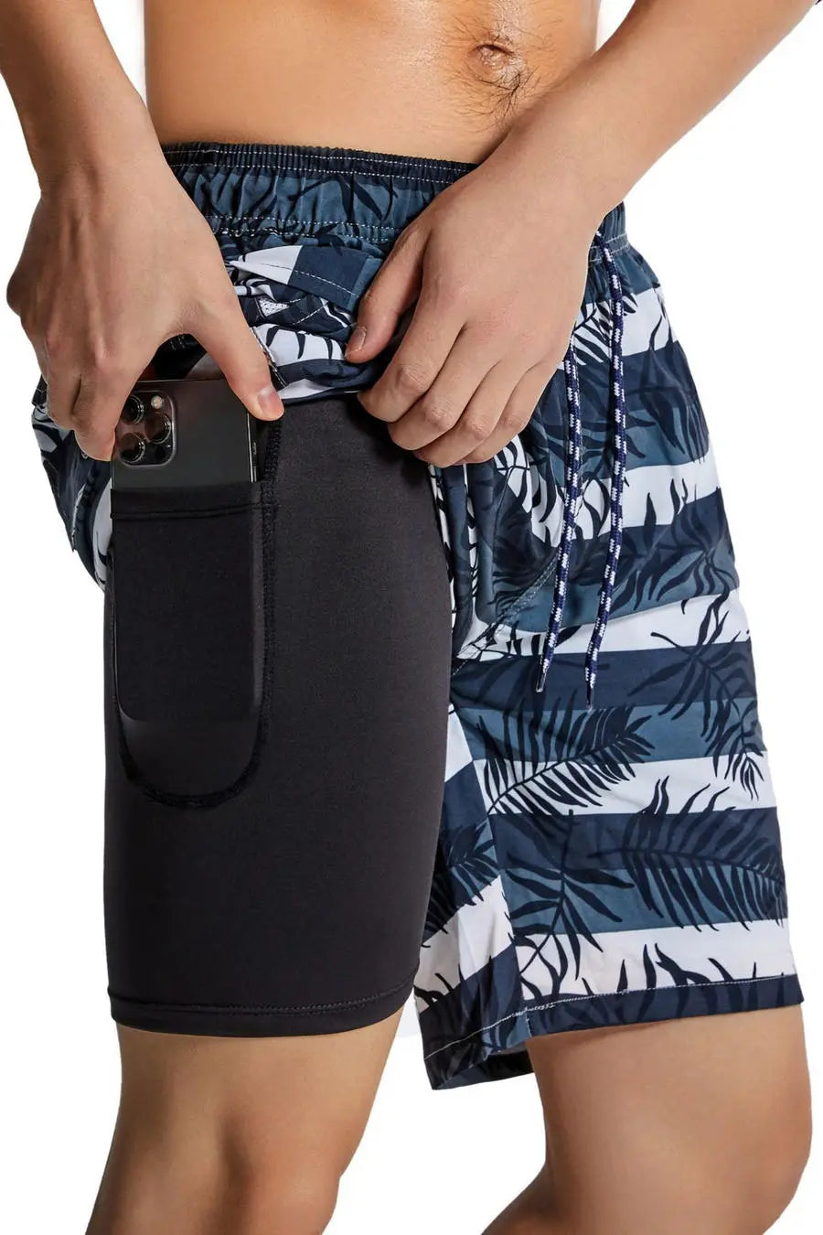 Men’s Stripe and Leaf Print Beach Shorts with Lining