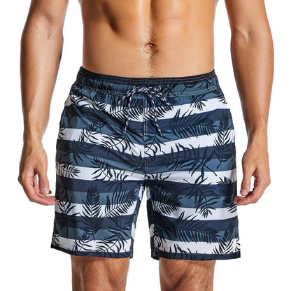 Men’s Stripe and Leaf Print Beach Shorts with Lining