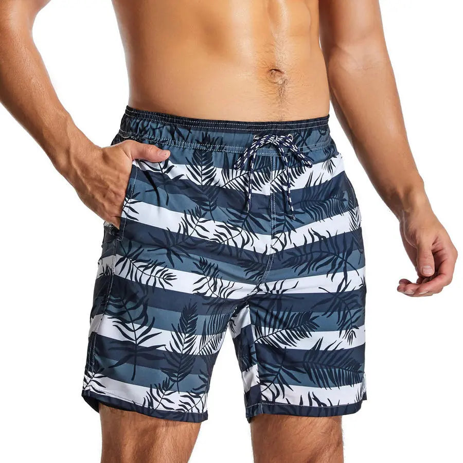 Men’s Stripe and Leaf Print Beach Shorts with Lining