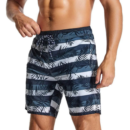 Men’s Stripe and Leaf Print Beach Shorts with Lining