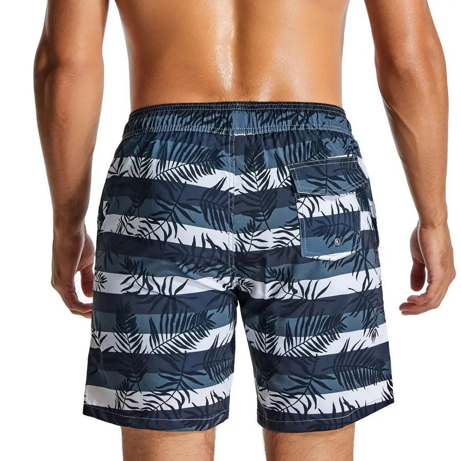 Men’s Stripe and Leaf Print Beach Shorts with Lining