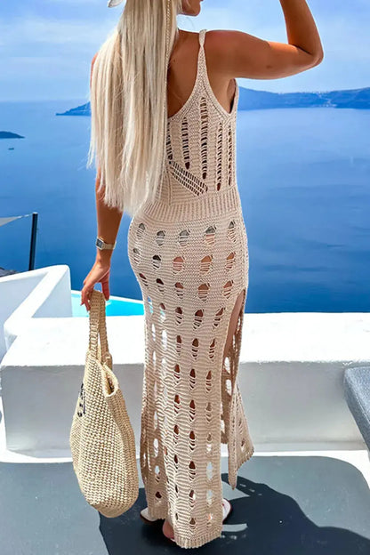 Close-up of the breathable knit pattern and scoop neckline on a sleeveless openwork beach cover up