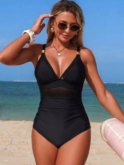 Mesh Panel One-Piece Swimsuit in Black