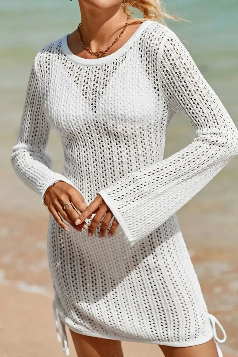 Close-up of drawstring waist detail on boho beach cover up dress