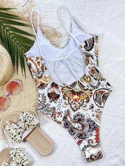 Printed Tie Back Scoop Neck One-Piece Swimsuit - BikiniEmporium.com
