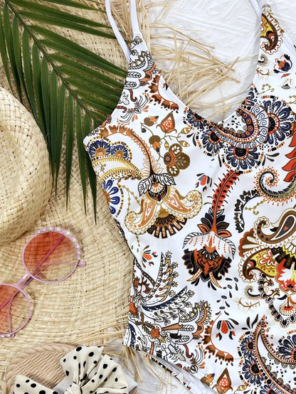 Printed Tie Back Scoop Neck One-Piece Swimsuit - BikiniEmporium.com